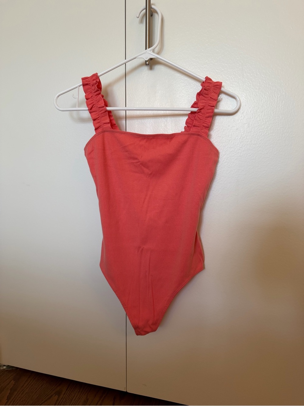 Sunday Best Coral Pink Ribbed Ruffle Strap Bodysuit